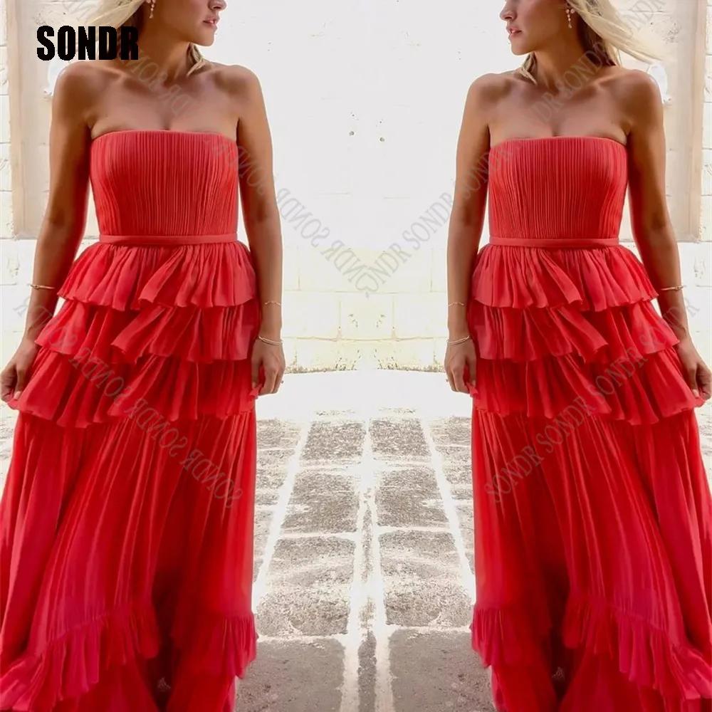 SONDR 레드 시폰 끈이 없는 A 라인 파티 드레스, 민소매 두바이 바닥 길이 무도회 가운, 아랍 특별 행사 이브닝 드레스